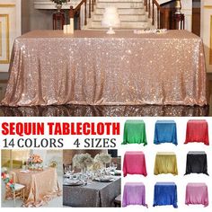 sequin tablecloths for tables and chairs in various colors, sizes and styles