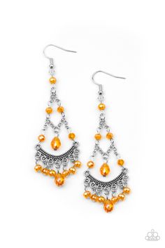 Featuring an iridescent shimmer, a glittery collection of orange crystal-like beads link with shimmery silver chains that give way to a studded silver bar and colorful fringe. Earring attaches to a standard fishhook fitting. Sold as one pair of earrings. Fringe Earring, Mobile Boutique, Orange Crystals, Orange Earrings, Silver Chains, Silver Bar, Fish Hook Earrings, Paparazzi Accessories, Silver Bars