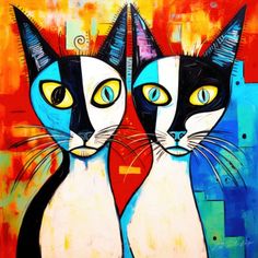 two black and white cats with yellow eyes are facing each other in front of a colorful background