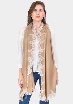 Natural Silk And Wool Scarf With A Beige Scalloped Lace Border Black Wool Scarf, Spring Collection Fashion, Copper Lace, Sage Green Floral, Contemporary Accessories, Spring Scarves, Designer Scarves, Summer Scarves, Lace Border