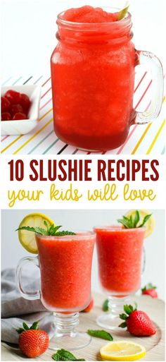 strawberry lemonade slushie recipe in mason jars with strawberries and limes