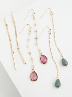 You'll be a stone-cold fox in either of these drop earrings or an elegant beauty in these mat-stick drop earrings.  Set of 3. French hooks and post back. Base metal. Imported. The best plus size women's gold-tone faux stone drop earrings set - of 3 sets in multi. Torrid is your destination for the freshest spring and summer styles. Jewels Diy, Beaded Chandelier Earrings, Stone Drop Earrings, Metal Stamped Jewelry, Elegant Beauty, Wire Work Jewelry, Earrings Inspiration, Homemade Jewelry, Handmade Wire Jewelry