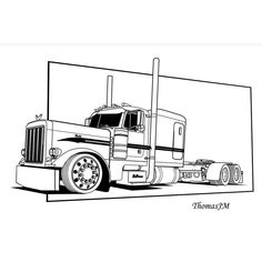 a black and white drawing of a semi truck