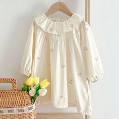 Long Sleeve Flower Embroidered Dress Material: Cotton True to size, please take your normal size. Sweet Long Sleeve Spring Dress, Cute Long Sleeve Spring Dress, Cute Long Sleeve Dresses For Spring, Spring Cotton Dress With Floral Applique, Spring Cotton Dress With Floral Embroidery, Sweet Long Sleeve Summer Dress, Summer Embroidered Dress With Doll Collar, Long Sleeve Cotton Dress With Floral Applique, Spring Embroidered Dress With Doll Collar