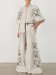 Beige natural and black embroidered details set of 2 shirt and short pants - Wapas Oversize Pants, Wide Leg Pant Suit, Lapel Top, Holiday Clothes, Wide Leg Palazzo Pants, Shirt Pant Set, Printed Wide Leg Pants, Flower Tops, Turndown Collar