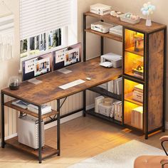 a computer desk sitting in front of a window next to a book shelf and chair