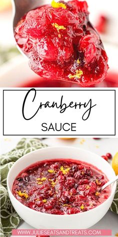 cranberry sauce in a white bowl with spoon