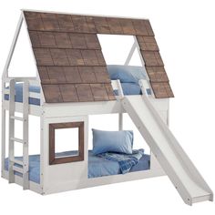 a white bunk bed with a slide and pillows on the bottom floor, in front of a white background