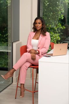 Pink suit, photo shoot, real estate Real Estate Women Fashion, Two Piece Business Outfit, Outfit Ideas Real Estate, Cute Real Estate Agent Outfits, Real Estate Looks Women, Corporate Attire Photoshoot Ideas, Business Women Pictures, Classy Real Estate Outfits, Real Estate Clothes For Women