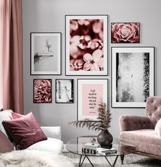 a living room filled with furniture and framed pictures on the wall above a coffee table