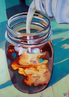 an oil painting of a jar filled with honey