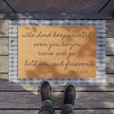 Beautiful Psalm 121 the Lord watches over you mat. These doormats are the perfect housewarming or closing gift for your friends and family.  Each mat comes in a 24" x 16" size and is made with Grade A tufted coir coconut fiber, making it perfect for outdoor use. All mats feature black vinyl backing for increased stability. .: One size: 24" × 16" (61cm x 40.6cm) .: Material: Grade A tufted coir coconut fiber .: Black vinyl backing .: Mainly for outdoor use .: Assembled in the USA from globally so Porch Outdoor, Simple Home Decoration, Summer Deco, Psalm 121, Closing Gift, Psalm 91, Christian Wedding, Entrance Mat, Coconut Fiber