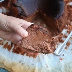 a hand holding a piece of chocolate cake