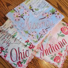 3 Vintage Midwest Hankies: Indiana, Missouri, Ohio~ Mcm ~ Kitschy & Colorful Three Vintage Cotton Hankies To Start Or Add To Your State Handkerchief Collection. All In Good Vintage Condition, Likely Never Used. Mo Still Has Tag. Hand-Rolled, Slightly Scalloped Edges. Creases From Being Ironed And Folded And Stored. Listing Other Vintage Handkerchiefs, Bundle For Discount. Willing To Sell Separately If Requested. My Home Is Smoke & Pet Free. Thank You For Looking. Retro Pink Handkerchiefs As Gift, Pink Cotton Handkerchief For Spring, Pink Handkerchiefs For Summer Gifts, Pink Spring Handkerchiefs For Gifts, Vintage Handkerchiefs, Hand Roll, Scalloped Edges, Vintage Cotton, Vintage Accessories