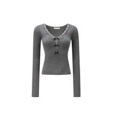 Elegant Lace-Trimmed V-Neck Knit Slimming Top - chiclara Elegant V-neck Long Sleeve Top For Winter, Gray Ribbed V-neck Top, Elegant V-neck Knit Top For Winter, Elegant Solid Color V-neck Knit Top, V-neck Tops For Winter Workwear, Elegant Gray V-neck Sweater, Gray V-neck Top For Winter, Elegant Ribbed V-neck Tops, Fitted Henley Neckline Top For Work