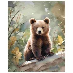 a painting of a brown bear sitting on a log in the woods with autumn leaves