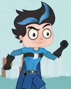 an animated image of a boy in blue and black with his arms out to the side