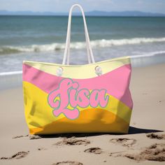 Thank you for shopping my small Etsy gift shop. Please shop my store for other  beach inspired items and gifts.https://sandandsunvibebylr.etsy.com    Retro Personalized Beach Bag Tote. Perfectly oversize to carry all your beach or pool needs, or to use for shopping.   You can choose Pink or Orange font personalization or no personalization. Personalization would appear on both sides. The wave design is different on both sides of the bag as shown on the photos.  This bag is professionally printed Mom Vacation, Bachelorette Tote Bags, Personalized Beach Bags, Bachelorette Tote, Custom Beach Bags, Pool Bag, Colored Rope, Retro Beach, Pool Bags