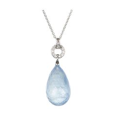 20.00ct natural Aqua and diamond pendant necklace. Art Deco Style briolette aquamarine stone with diamond accents set in platinum. 1 Natural untreated no heat Aqua briolette 20 x 12.3mm, approx. total weight 20.00cts translucent, moderate natural wispy inclusions 9 single cut diamonds, approx. total weight .07cts, G to H, VS Platinum Tested: Platinum 4.9 grams Top to bottom: 34.30mm or 1.35 inches Width: 1/2 inch Briolette Diamond, Art Deco Pendant Necklace, Ruby And Diamond Necklace, Necklace Art Deco, Gold Slides, Sapphire Necklace Pendants, Platinum Rose Gold, Necklace Art, Aquamarine Pendant