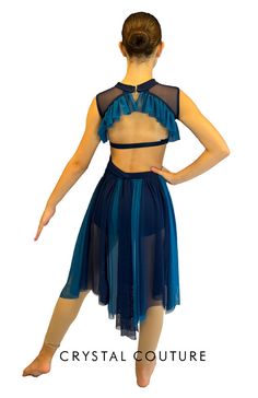 Navy custom made 2 piece lycra with sheer mesh overlay mock-neck top and trunk connected with dark Teal Blue and Navy mesh. Costume has piecey long back Teal Blue and Navy sheer mesh skirt and back Teal Blue ruffles. Accented with Teal Blue embroidered/pearl appliques and Navy embroidered appliques both covered with Swarovski rhinestones! * Almost 5 gross Swarovski XIRIUS Cobalt Shimmer 30ss, Cobalt Shimmer 20ss, Cobalt Shimmer 16ss, Cobalt Shimmer 12ss, Blue Zircon Shimmer 30ss, Blue Zircon Shi Blue Sheer Mesh Dress, Fitted Blue Mesh Dress, Blue Fitted Dress With Sheer Back, Fitted Blue Dress With Sheer Back, Fitted Mesh Dress With Sheer Back, Blue Fitted Mesh Dresses, Trio Costumes, Sequin Jewelry, Costumes Couture