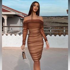 Fashion Nova Brown Off Shoulder Dress With Tulle Sleeves And Details. Never Been Worn. It Has A Thick Bandage Dress Under The Tulle That Sucks You In. Great Material Off-shoulder Brown Mini Dress For Party, Brown Off-shoulder Mini Dress For Parties, Sheer Brown Party Dress, Brown Sheer Dress For Parties, Fitted Sheer Brown Dresses, Brown Sheer Dress For Spring, Sheer Brown Spring Dress, Brown Sheer Spring Dress, Spring Sheer Brown Dress