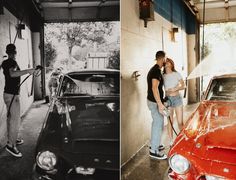 a man and woman standing next to each other in front of a car wash station