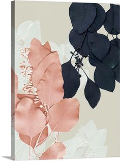 an abstract floral painting with pink and blue leaves