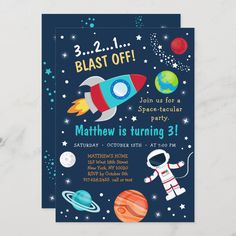 a space themed birthday party with an outer space theme on the front and back of the card