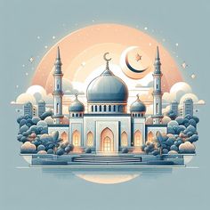 an illustration of a mosque with the moon in the background