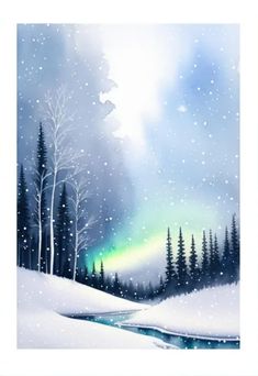 a painting of snow and trees with the aurora in the background