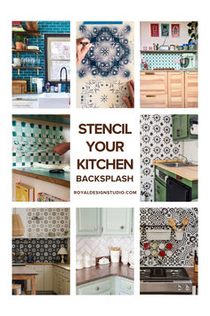 a series of photos with the words stencil your kitchen backsplash on them