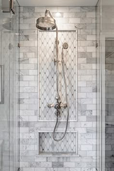 a walk in shower sitting inside of a bathroom