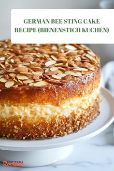 Discover how to make an authentic German Bee Sting Cake (Bienenstich Kuchen) with a light yeast dough, creamy vanilla filling, and honey almond topping. A classic dessert perfect for Kaffee und Kuchen! Bee Sting Delight Dessert, Desserts From The 1970's, German Traditional Food, New Zealand Dessert Recipes, German Sweets Recipes, German Food Authentic Desserts, German Birthday Cake, German Christmas Cake, Bavarian Desserts