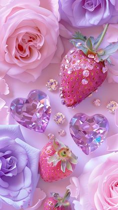 pink roses and purple heart shaped jewels surrounded by strawberries, hearts, and flowers