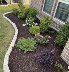 a front yard garden with flowers and shrubs