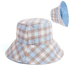 A Panama style cap that allows you to stay cool and fresh all through summer, this bucket hat for women showcases a reversible design that is truly convenient. Finished in a cheerful plaid pattern, its subtle yet charming colors give your look a feminine touch. Made from top quality cotton for added comfort, this casual accessory is ideal when stepping out with friends or when heading on a fishing trip!Specifications plaid bucket hat: Summer Top Type: Flat Style: Casual Pattern Type: Plaid Origi Casual Wide Brim Bucket Hat With Upf 50+, Casual Wide Brim Bucket Hat Upf 50+, Trendy Adjustable Bucket Hat With Upf 50+, Blue Bucket Hat For The Beach, Casual Bucket Hat With Upf 50+, Casual Reversible Bucket Sun Hat, Casual Reversible Bucket Hat, Summer Bucket Hat With Short Brim For Picnic, Summer Visor Bucket Hat One Size