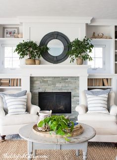 a living room filled with furniture and a fire place in front of a mantle topped with potted plants