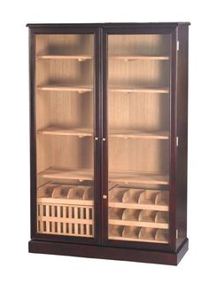 two glass doors on the front of a cabinet with baskets and breads inside it