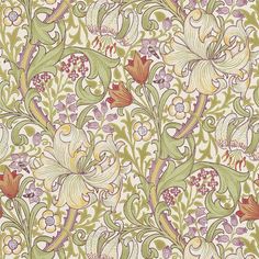 an intricately designed wallpaper with flowers and leaves in green, pink, yellow and blue