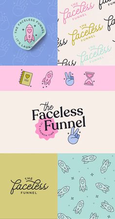 four different logos for the faceless funnel brand, with various colors and shapes