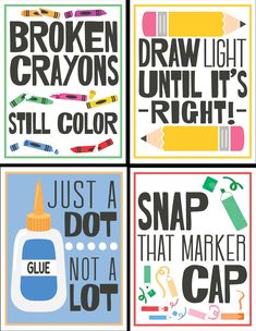 four posters with different types of crayons on them