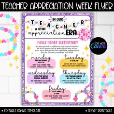 teacher appreciation week flyer for teachers with colorful confetti and stars in the background