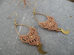 Moon Brass Macrame Earrings, Crescent Brass Pear Tribal Hippie Earrings, Beaded Bohemian Style Jewelry Those hippie earrings are created using the macrame technique. It is made by a high quality straw waxed thread. Also, we use brass beads and brass half moon charms to complete design. Waxed thread gives the product durability and strength, and elegant natural appearance. It's a beautiful gift and a nice accessory what you can wear every day. Earrings characteristics: *Pear brass components ( 2. Bohemian Teardrop Moon Charm Earrings, Bohemian Teardrop Earrings With Moon Charm, Gold Macrame Earrings For Festival, Bohemian Earrings With Moon Charm, Bohemian Style Jewelry, Aventurine Crystal, Hippie Earrings, Micro Macramé, Macrame Earrings