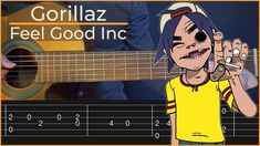 a cartoon character holding an acoustic guitar with the caption gorillaz feel good inc