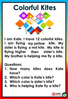 colorful kites are in the sky with words above them that read, i am kate i have 12 colorful kites