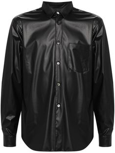 black button fastening buttoned cuffs chest patch pocket classic collar long sleeves curved hem Mens Leather Shirt, Leather Shirt, Collar Shirt, Black Button, Comme Des Garcons, Collar Shirts, Patch Pocket, Black Shirt, Top Shirt