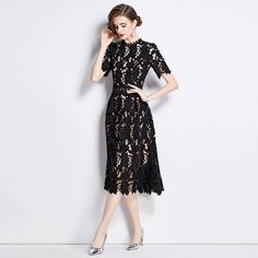 Features: Style: Elegant Occasion: Daily/Party Material: Polyester/Lace Neckline: Round Neckline Sleeves: Long Sleeves Pattern: Lace Type: Elegant Black Party Dresses Season: Four Seasons Size Bust Waist Length Unit cm inch cm inch cm inch S 86 34 68 27 111 44 M 90 35 72 28 112 44 L 94 37 76 30 113 44 XL 98 39 80 31 114 45 2XL 102 40 84 33 115 45 Party Lace Midi Dress With Stretch, Party Lace Stretch Midi Dress, Chic Stretch Lace Party Dress, Chic Stretch Lace Dress For Party, Spring Evening Dresses With Hollow Out Details, Spring Evening Dress With Hollow Out Details, Hollow Out Evening Dress For Spring, Chic Party Midi Dress With Hollow Out Design, Hollow Out Midi Party Dress