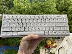 a person holding up a computer keyboard in their hand with trees in the back ground