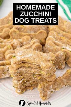 homemade zucchini dog treats stacked on top of each other with text overlay