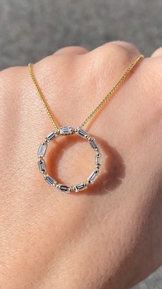 Baguette Diamond Circle Prong Set Necklace Specifications: -Model #: 4548 -Metal Types Available: 14K White Gold, Yellow Gold, Rose Gold -Measurements: Approximately 19 MM ( 3/4 Inch ) -Gold Weight: 2.5 Grams ( Including Complimentary Chain ) -Total Diamond Weight: 11 Baguette 1.00 Carats -Color: F -Clarity: VS *18K GOLD & PLATINUM ALSO AVAILABLE WITH ADDITIONAL COST CUSTOM MADE TO ORDER Brief Overview: -30 Day Return Policy -Conflict Free Natural Diamonds -Satisfaction Guarantee Feel free t Open Circle Necklace, Diamond Baguette, Pendants Necklace, Bollywood Jewelry, Diamond Jewelry Designs, Jewellery Gold, Circle Diamond, Set Necklace, Stone Pendant Necklace